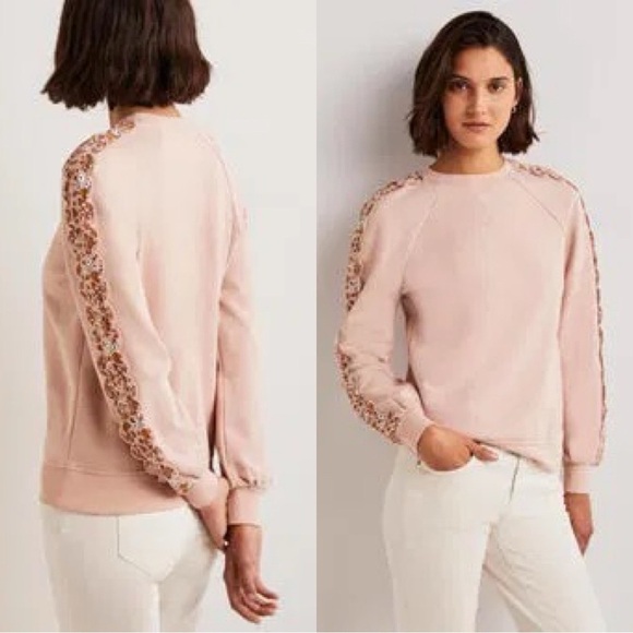 BODEN Scallop Embroidered Detail Pink Scoop Neck Sweatshirt Sz 2 - Picture 1 of 8
